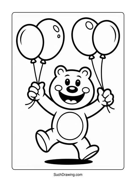 A cartoon bear holding balloons and smiling, ready to celebrate
