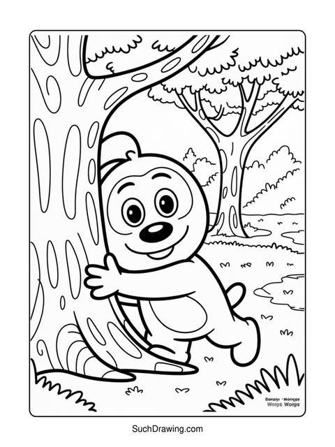 A cartoon bear hugging a tree in a coloring page illustration