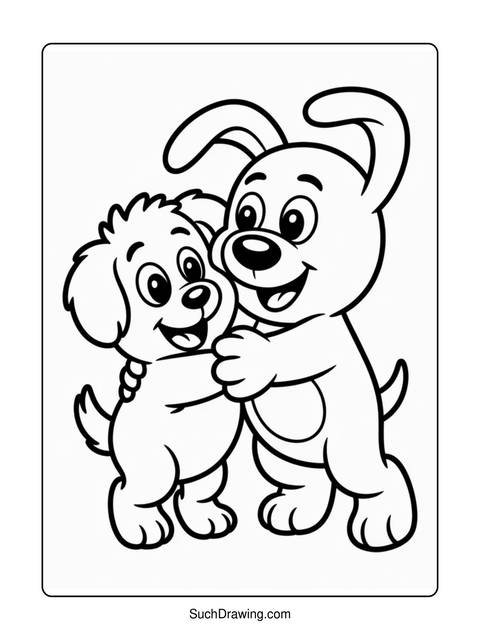 Black and white coloring page of two happy cartoon dogs hugging each other