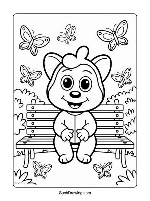 A cartoon bear sitting on a bench with butterflies around it
