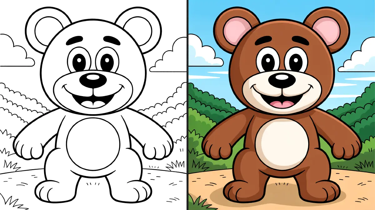 Huggy wuggy coloring page: a smiling bear in both colored and outline versions