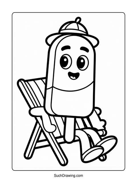 A cartoon popsicle character wearing a hat and sitting in a chair