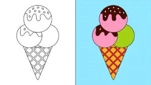 Ice cream coloring page with three scoops in a waffle cone