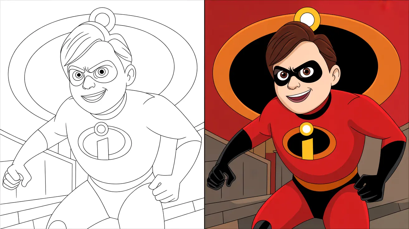 Incredibles coloring page featuring a two-panel comparison of the character