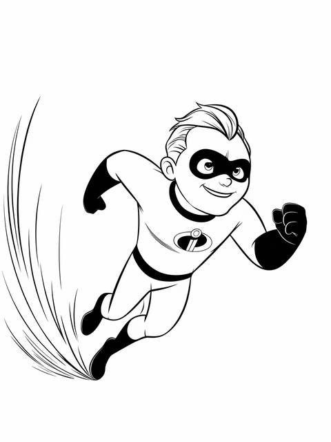 Dash from the incredibles running super fast, a coloring page illustration