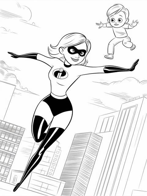 Elastigirl from the incredibles stretching her arms, with jack-jack in the background
