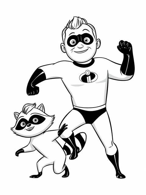 Incredibles character with a raccoon, likely from a coloring page