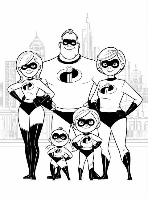 The incredibles family together, a coloring page featuring all five superhero characters
