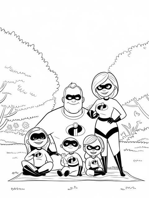 Black and white coloring page of the parr family from the incredibles cartoon