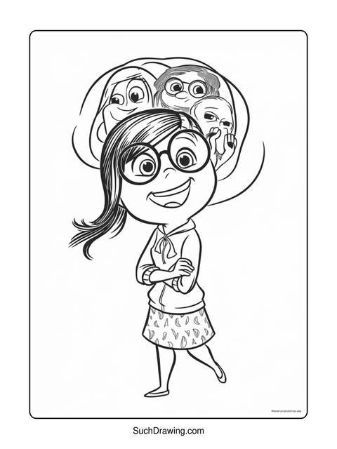 Black and white coloring page of a girl with glasses and her emotions