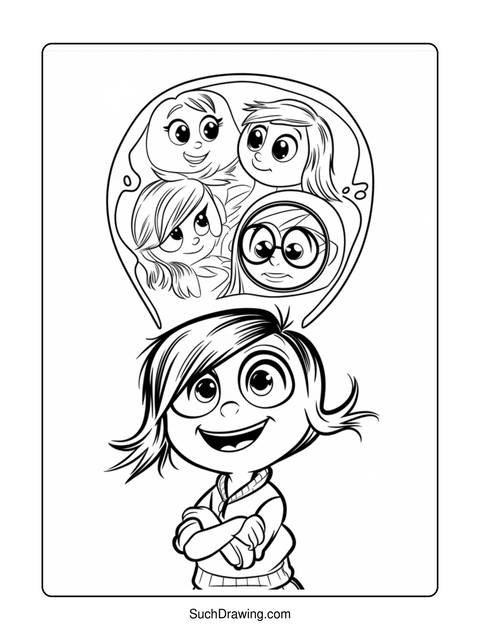 Black and white coloring page of a girl with her emotions inside her head