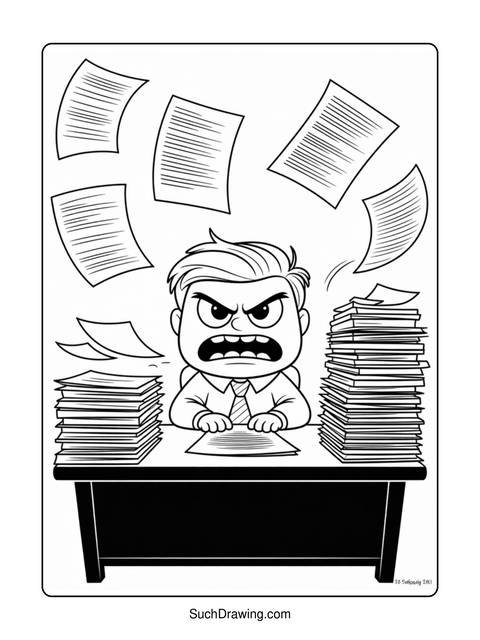 Angry office worker surrounded by flying papers, with stacks of documents on the desk