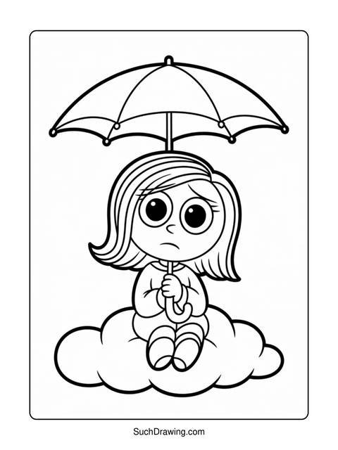 Line art of a girl sitting on a cloud under an umbrella