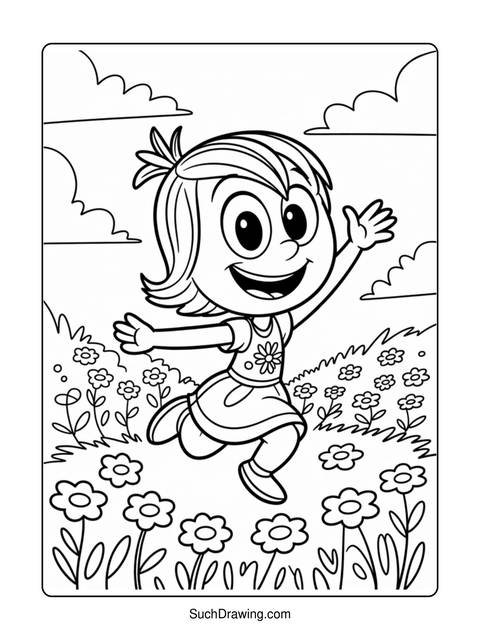 A happy cartoon girl jumping in a field of flowers, outlined in black