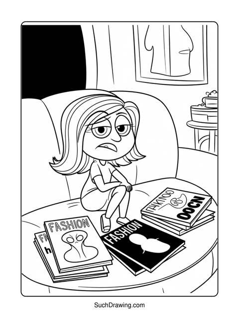 A cartoon girl surrounded by fashion magazines, looking sad