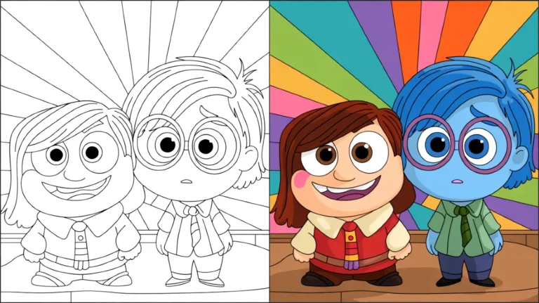 Inside out 2 coloring page featuring joy and sadness characters, smiling and looking