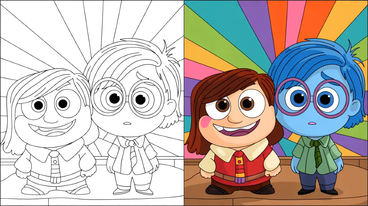 Inside out 2 coloring page featuring joy and sadness characters, smiling and looking
