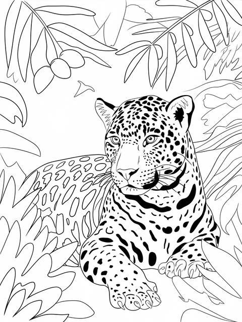 Line art of a jaguar hidden among dense jungle foliage, ready to pounce