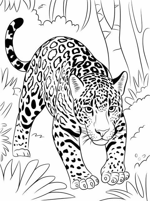 Line art of a jaguar in mid-hunt, stalking through foliage