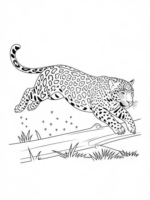 A jaguar leaping gracefully over a log, depicted in a coloring page style