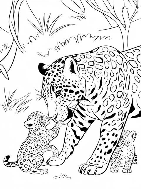 Jaguar playfully interacting with cubs, a black and white coloring page