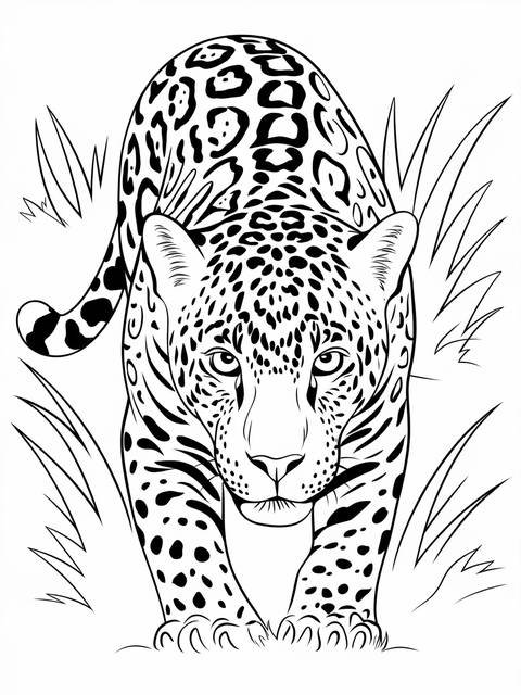 Jaguar prowling through tall grass, a detailed black and white illustration for coloring