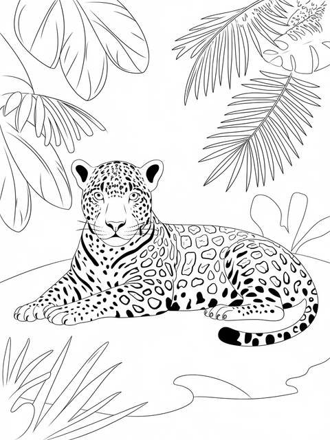 Line art of a resting jaguar in a patch of leaves, ready to be colored