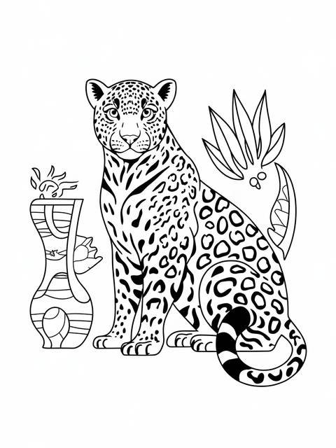 A regal jaguar seated, surrounded by decorative elements, ready for coloring