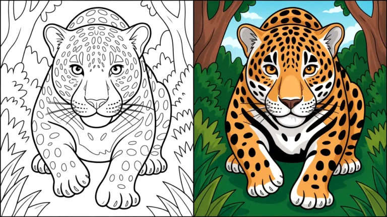 Jaguar coloring page: a two-panel image of a jaguar, one colored, one line art