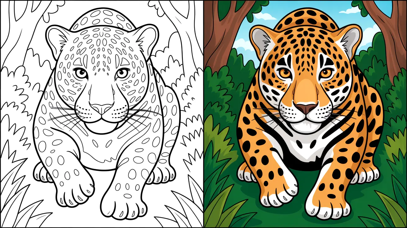 Jaguar coloring page: a two-panel image of a jaguar, one colored, one line art
