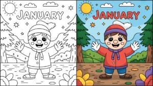 January coloring page featuring a child with arms outstretched, in winter clothing