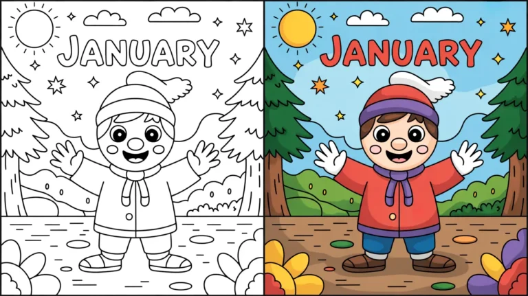 January coloring page featuring a child with arms outstretched, in winter clothing