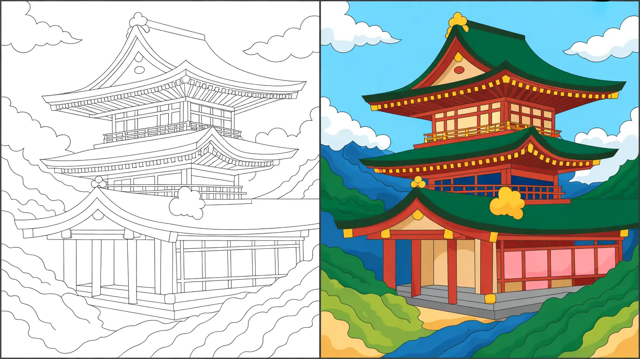 Two-panel image: japanese coloring page of a traditional pagoda-style building