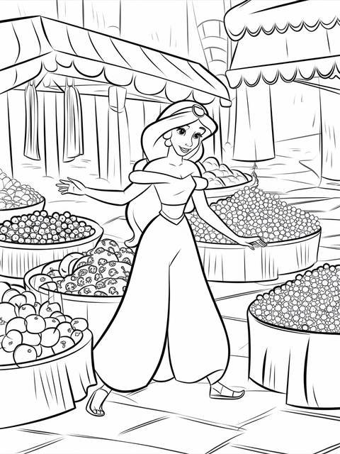 Jasmine exploring a bustling marketplace with fruit and goods, as shown in the cover