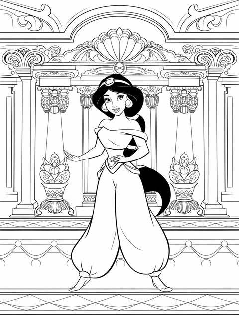 Line art of jasmine in a royal palace setting, ready for coloring