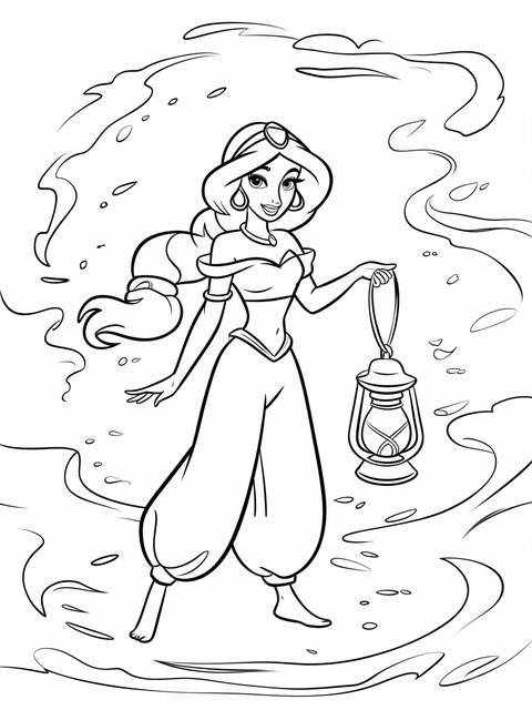 Line art of jasmine in her iconic outfit, holding a lantern