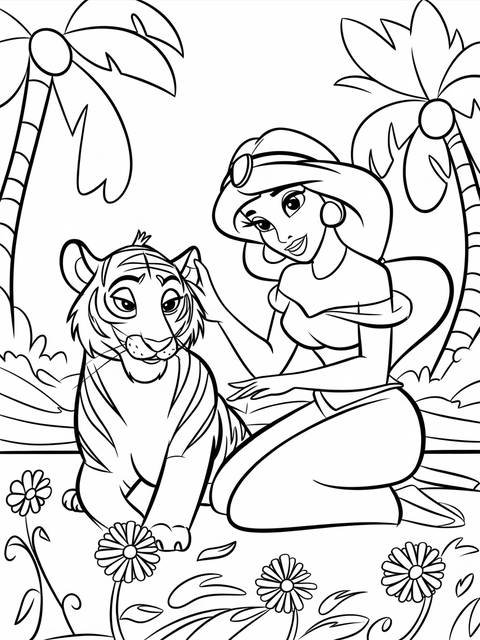 Jasmine interacting with her pet tiger in a coloring page, palm trees in background