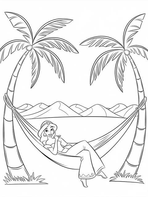 Jasmine lounging in a hammock between two palm trees, a coloring page
