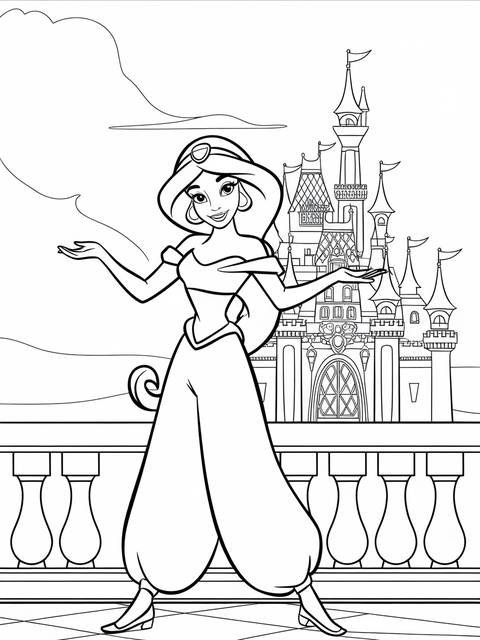 Jasmine with arms outstretched, standing in front of a castle, from the cover image