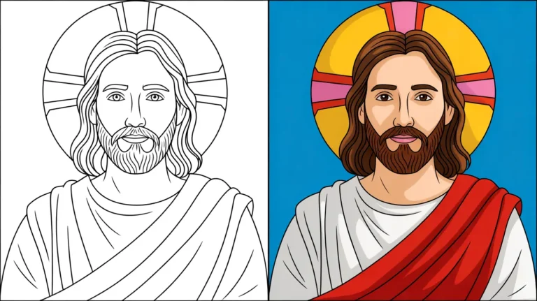 Two-panel image: a jesus coloring page and a colored portrait of jesus