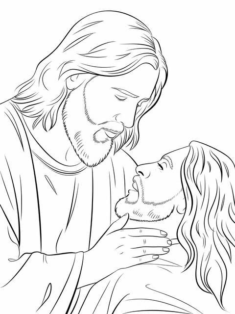 Line art depicting jesus comforting a sick or troubled person