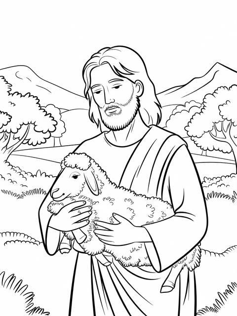 Jesus holding a sheep in a pastoral scene, a coloring page illustration