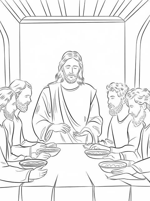 Line drawing of jesus performing the last supper with his disciples around a table