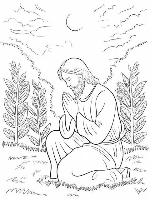 Line art of jesus praying in the garden of gethsemane, hands clasped