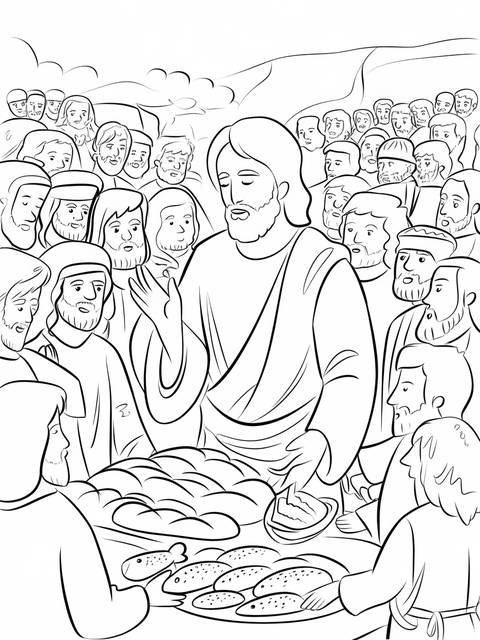 Jesus sharing bread and fish with a crowd, a scene from a religious story