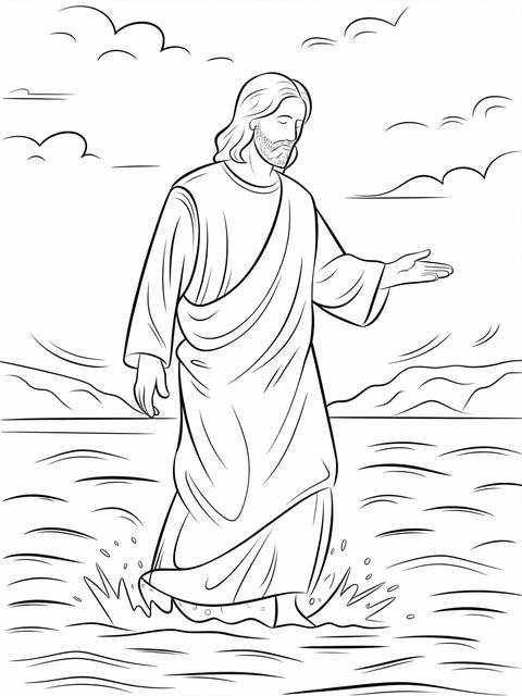 Line art depiction of jesus walking on water, waves present