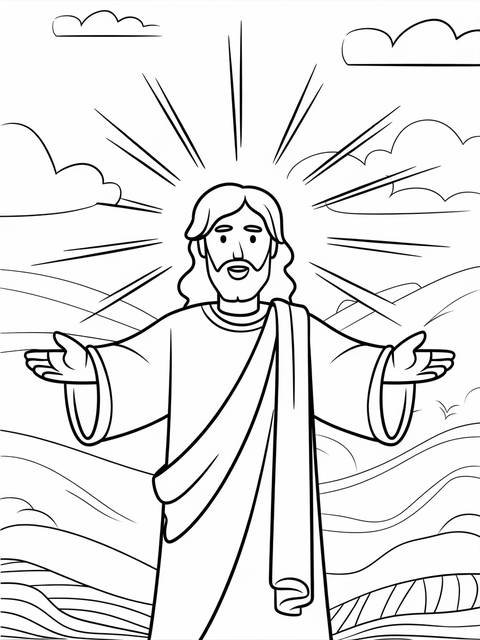 Line art of jesus with outstretched arms, radiating light, inviting viewers