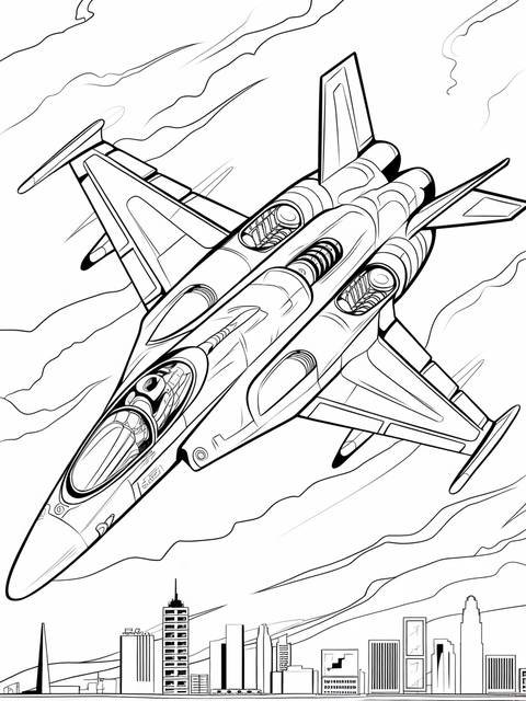 Futuristic jet with sharp angles, flying over a city, a coloring page
