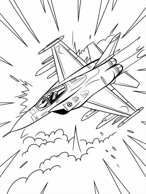 Line art of a jet fighter in battle formation, with speed lines and clouds