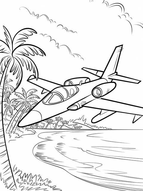 Line art of a jet a jet flying near a scenic beach with palm trees
